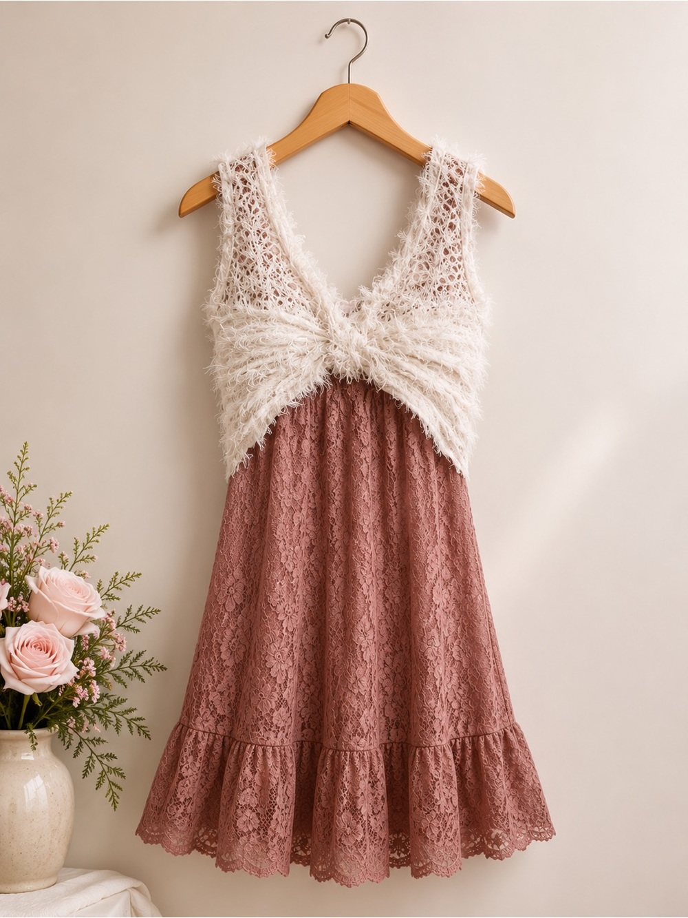 Pretty Angel Cream and Dusty Rose Lace Mini Dress - Picture 2 of 7